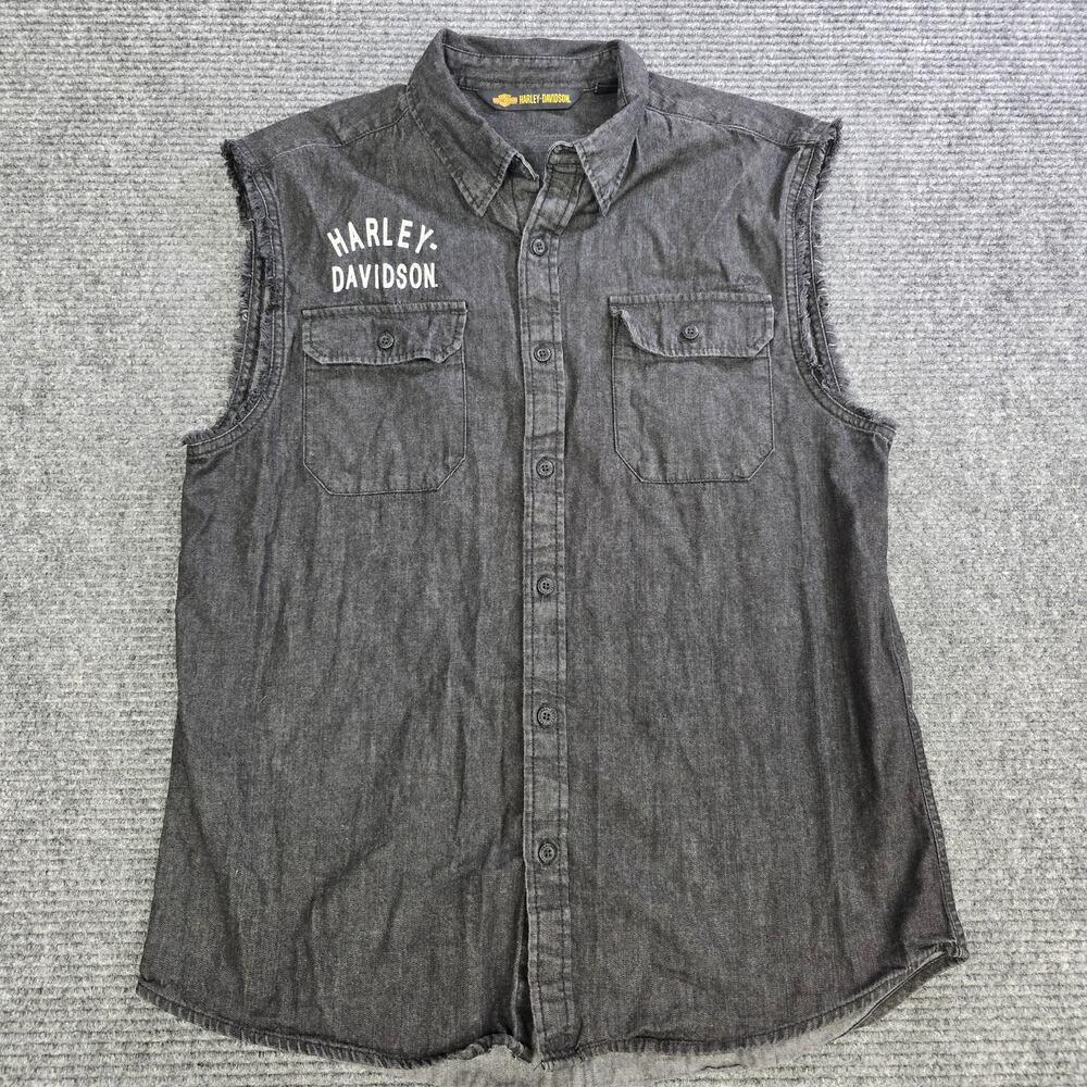 Harley Davidson 1903 Shirt Vest Mens Large Black Denim Sleeveless Bar Shield